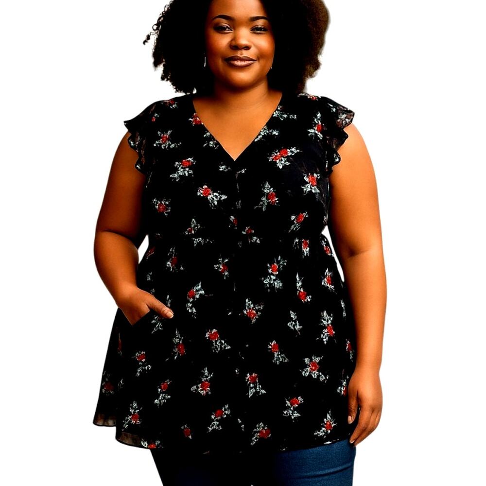 Women's 20W Black Floral Sleeveless Top Shirt Maxi BOHO Plus Size 2X Blouse